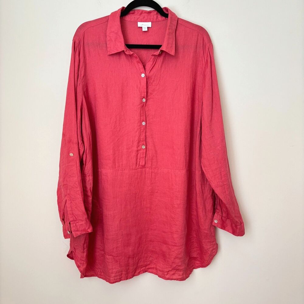 J Jill Love Linen Tunic Henley Shirt Womens 2X Pink Lagenlook Relaxed Beachy